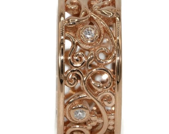 8 mm Wide Rustic Leaf Lace Filigree Pattern Diamond Cigar Wedding Ring 14k Solid Gold