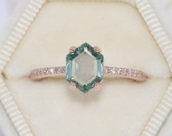 1.3 carat Hexagon Teal Green Natural Sapphire Engagement Ring with Pave Diamond Shank
