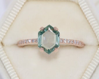 1.3 carat Hexagon Teal Green Sapphire Engagement Ring with Pave Diamond Shank