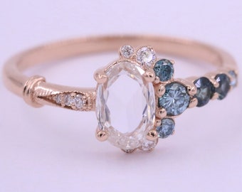 Rose Cut Oval Natural Diamond Cluster Engagement Ring with Half Moon Ombre Halo