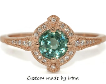 Edwardian Vintage Style Inspired Custom Made 1 carat Teal Green Sapphire Ring