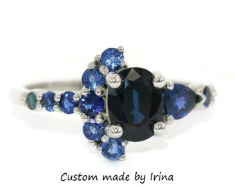 Crescent Ring, Blue Sapphire Engagement Ring, Oval Sapphire Ring, One Of A Kind Cluster Ring, Half Moon Sapphire Ring