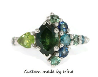 2 carat Forest Green Marquise Natural Sapphire Cluster Ombre Ring