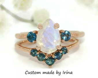 Nature Inspired Hand Carved Leaf Pear Moonstone Ring