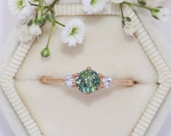 Custom Made Teal Green Montana Sapphire 3 Stone Dainty Delicate Ring