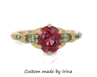 Custom Made 1.8 ct Sunset Pink Natural Sapphire Vine Leaf Ring 14k Solid Gold