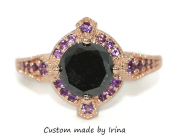 Edwardian Inspired Engagement Ring, Black diamond rose gold ring with amethyst stones