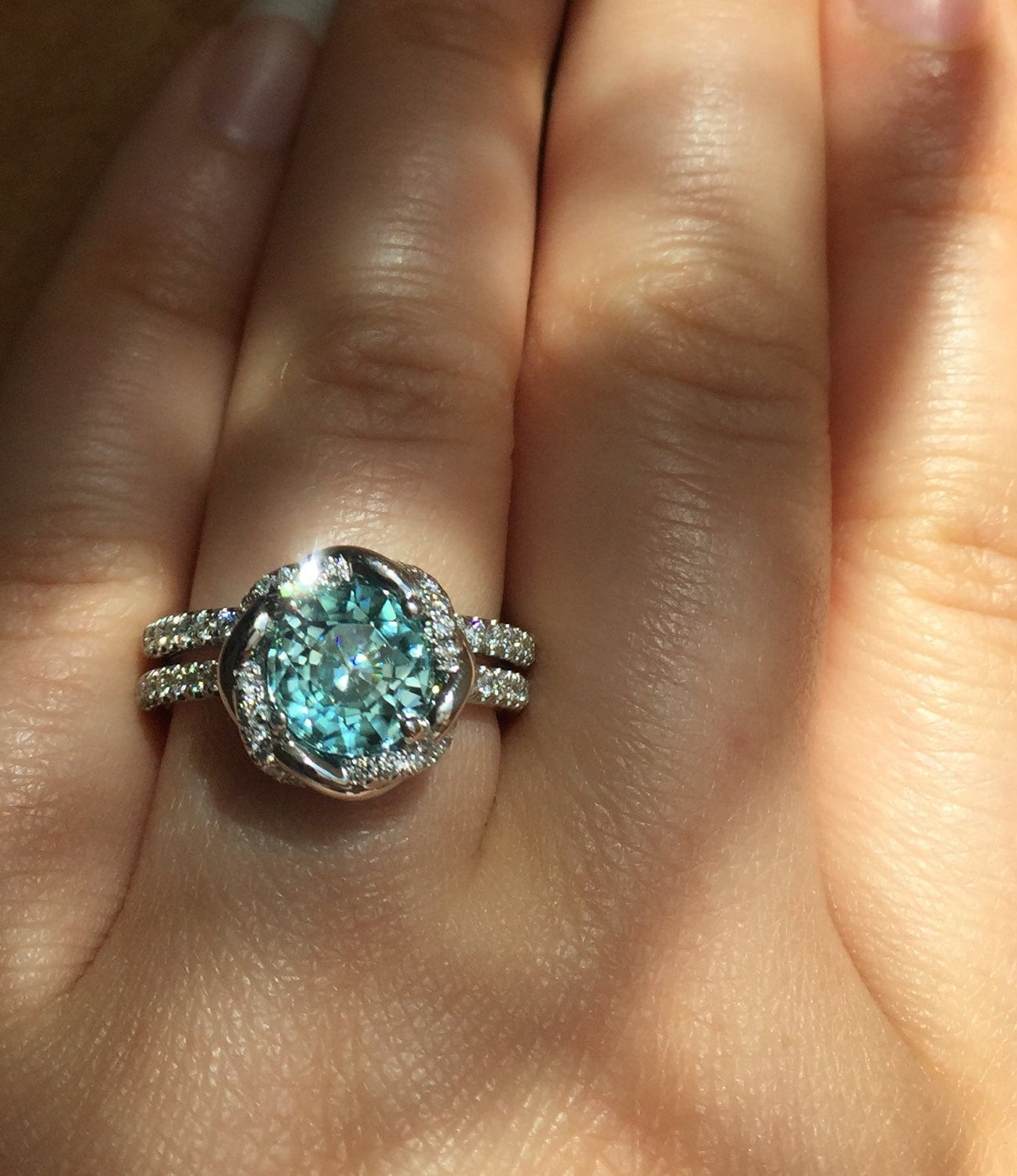 Blue Zircon engagement ring set, boho rings, diamond wedding ring set
