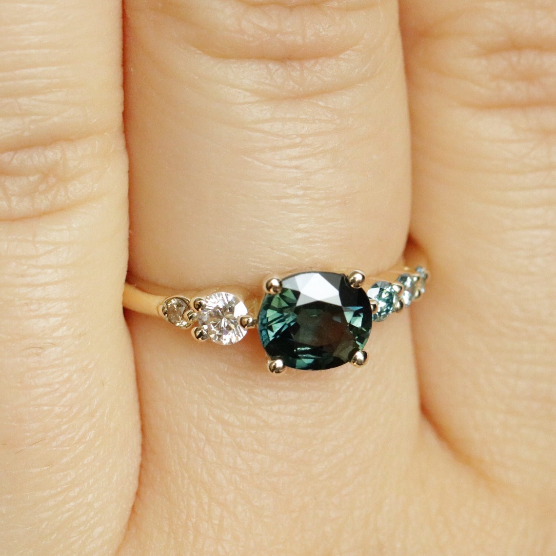 Peacock Green Sapphire Cluster Ring Ombre Engagement Ring | Etsy