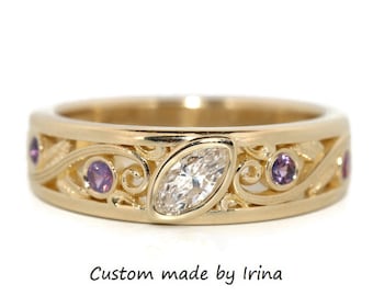 Flush Bezel Set Marquise Vine Leaf Engagement-Wedding Ring