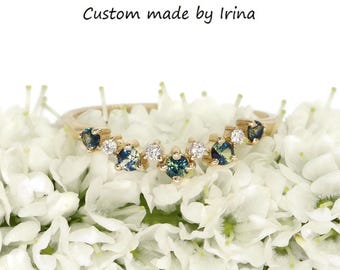 Ombre Blue Green Natural Sapphires and Diamonds Curved Cluster Wedding Band