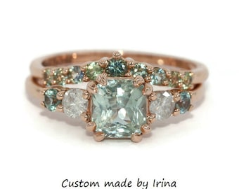 2 carat Pastel Green Sapphire Ring and Matching Ombre Wedding Band