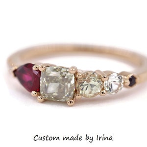 1 carat Champagne Diamond Linear Ombre Cluster Ring, One Of A Kind Asymmetric Engagement Ring by Irina