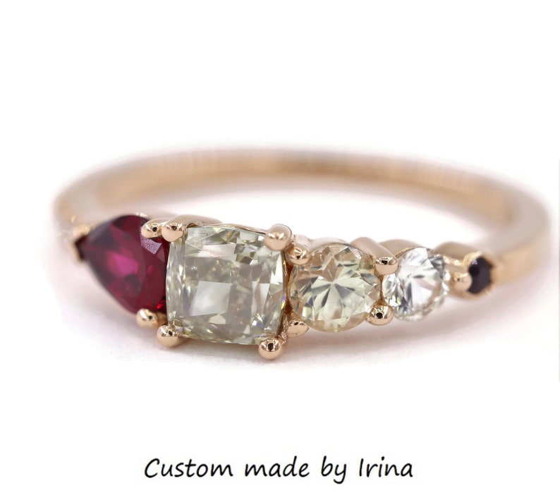 1 carat Champagne Diamond Linear Ombre Cluster Ring, One Of A Kind Asymmetric Engagement Ring by Irina