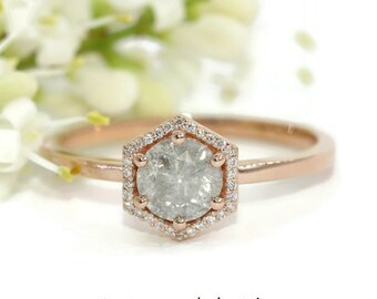 Hexagon Halo Salt and Pepper Gray Natural Diamond Ring