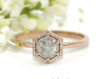 Hexagon Halo Salt and Pepper Gray Diamond Ring