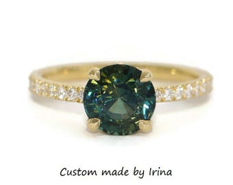 GIA Certified 2.5 carat Natural Blue Green Sapphire Solitaire Engagement Ring