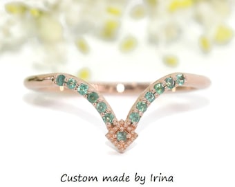 Flair Teal Natural Alexandrite Custom-made Chevron Ring 14k Solid Gold