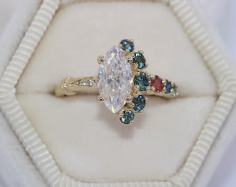 1 carat Marquise Natural Diamond Ombre Cluster Crescent Engagement Ring