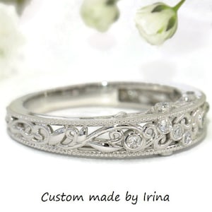 Rustic Vine Leaf Scroll-work Filigree Diamond Wedding Ring Custom Made