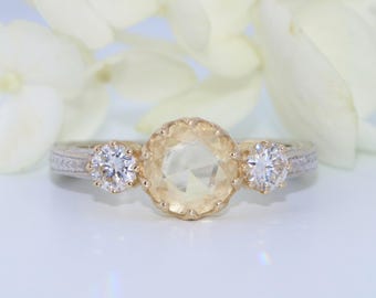 Hand Engraved Euro Shank 14k Mixed Bi-color Gold 3 Stone Ring