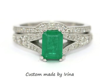 Emerald and Diamond Engagement Rings Set with Vintage Inspired Style Split Shank