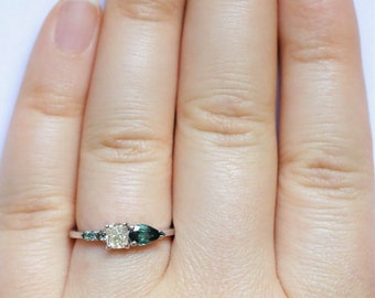 Custom Made Ombre Teal Blue Diamond and Tourmaline Cluster Engagement Ring