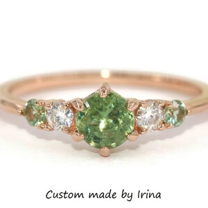 Green Montana Sapphire Five Stone Rings 14k Rose Solid Gold.
