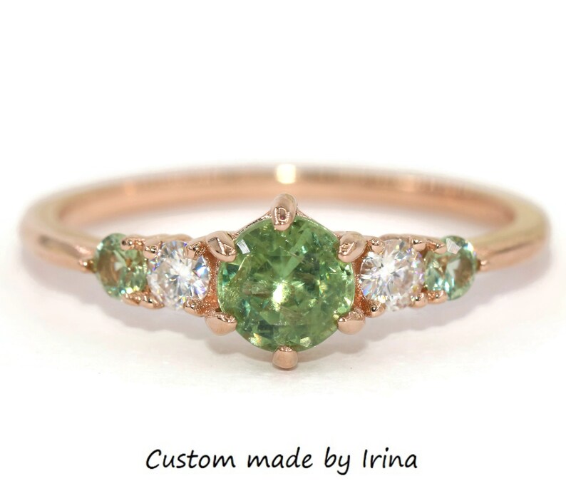 Green Montana Sapphire Five Stone Rings 14k Rose Solid Gold.