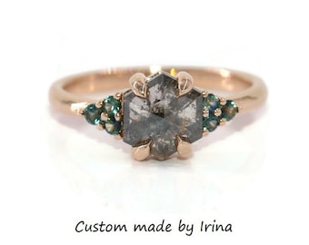 1 carat Hexagon Salt and Pepper Diamond Ring with Teal Sapphires