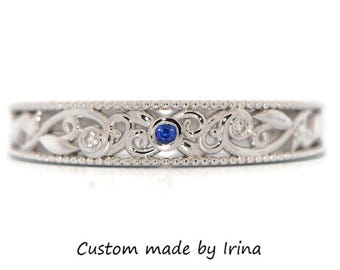 Lace Filigree Scrollwork Diamond + Sapphire Wedding Band 14k Solid Gold