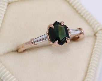 Hexagon Blue Green Natural Sapphire 3 Stone Baguette Diamond Ring 14k Rose Gold