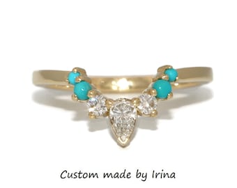 Custom Made Natural Turquoise and Lab Diamonds Curved Nesting Band