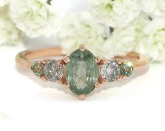 1 carat Pastel Gray Green Natural Sapphire 5 Stone Ring