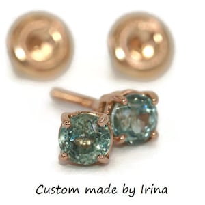 Custom Made Teal Green Natural Sapphire Stud Earrings 14k Solid Gold with Screw Backs