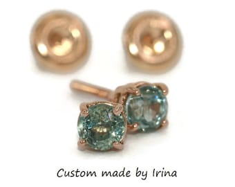 Custom Made Teal Green Natural Sapphire Stud Earrings 14k Solid Gold with Screw Backs