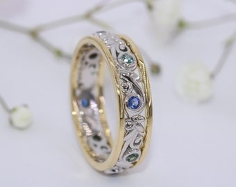 Rustic Leaf Wedding Eternity Ring, White and Yellow gold Sapphires wedding band, 2 tone One of a kind organic Bi-Color scroll filigree Ring