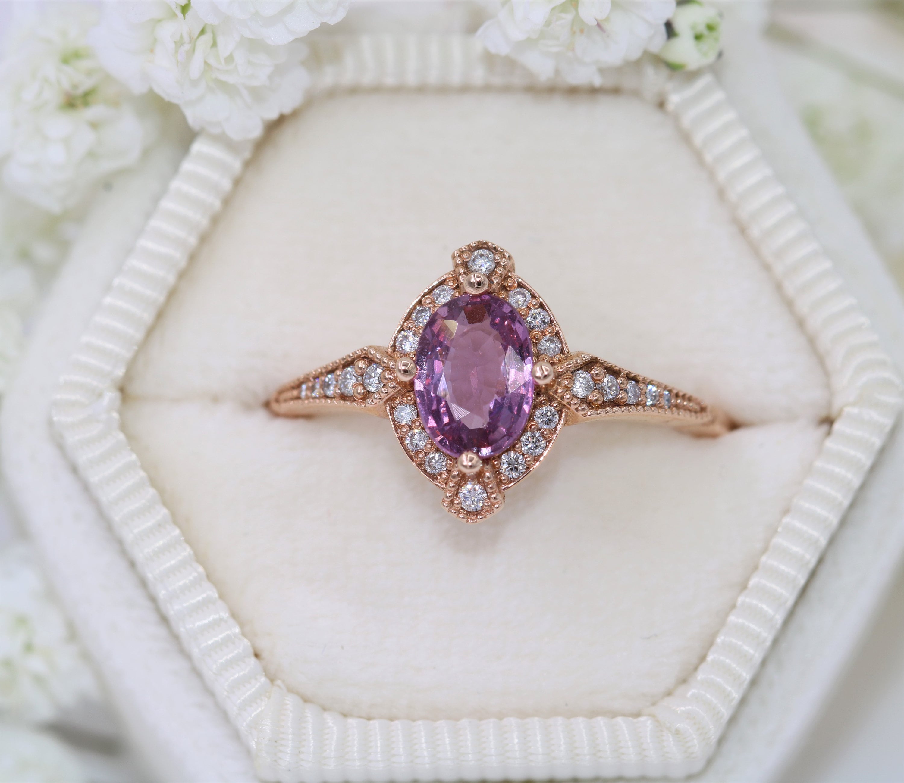Edwardian Style Engagement Ring, 1 Carat Oval Pink Sapphire Engagement