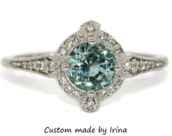 1 carat Teal Blue Green Unheated Montana Sapphire Engagement Ring
