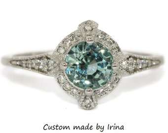 1 carat Teal Blue Green Unheated Montana Sapphire Engagement Ring Inspired by Edwardian Era Details