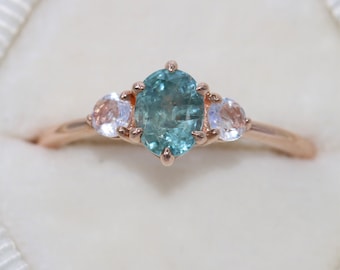 Custom Made Trilogy 3 Stone Oval Pastel Teal Sapphire Ring