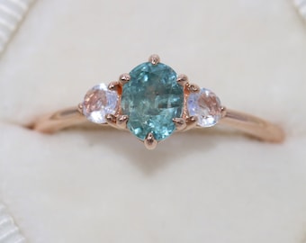 Custom made 3 Stone Oval Pastel Teal Sapphire Ring