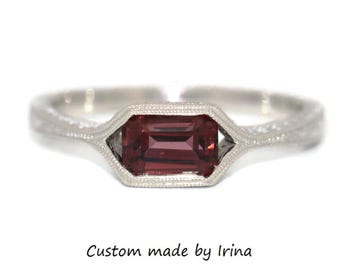 Hand Engraved Half Bezel East West 10k Solid Gold Custom Ring