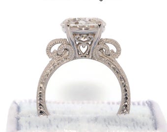 Cathedral High Set 4 carat IGI Certified Lab Diamond Hand Engraved Ring