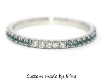 Ombre Blue Green Natural Sapphires and White Diamonds Wedding Ring