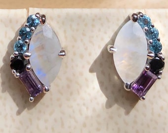 Custom Made 2 carat Moonstone Ombre Cluster Stud Earrings Celestial Collection