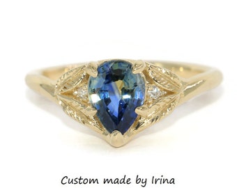 1 carat Pear Blue Yellow Sapphire Engagement Ring with Engraved Leaves and Diamonds