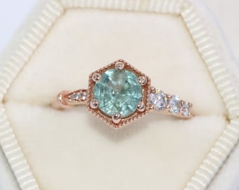 1 carat Teal Montana Sapphire Hexagon Cluster Engagement Ring