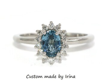 Custom Made Natural Sapphire Diamond Halo Engagement Ring