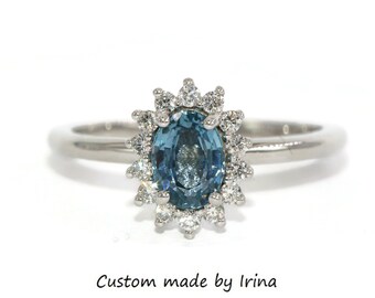 Custom Made Oval Sapphire Diamond Halo Engagement Ring